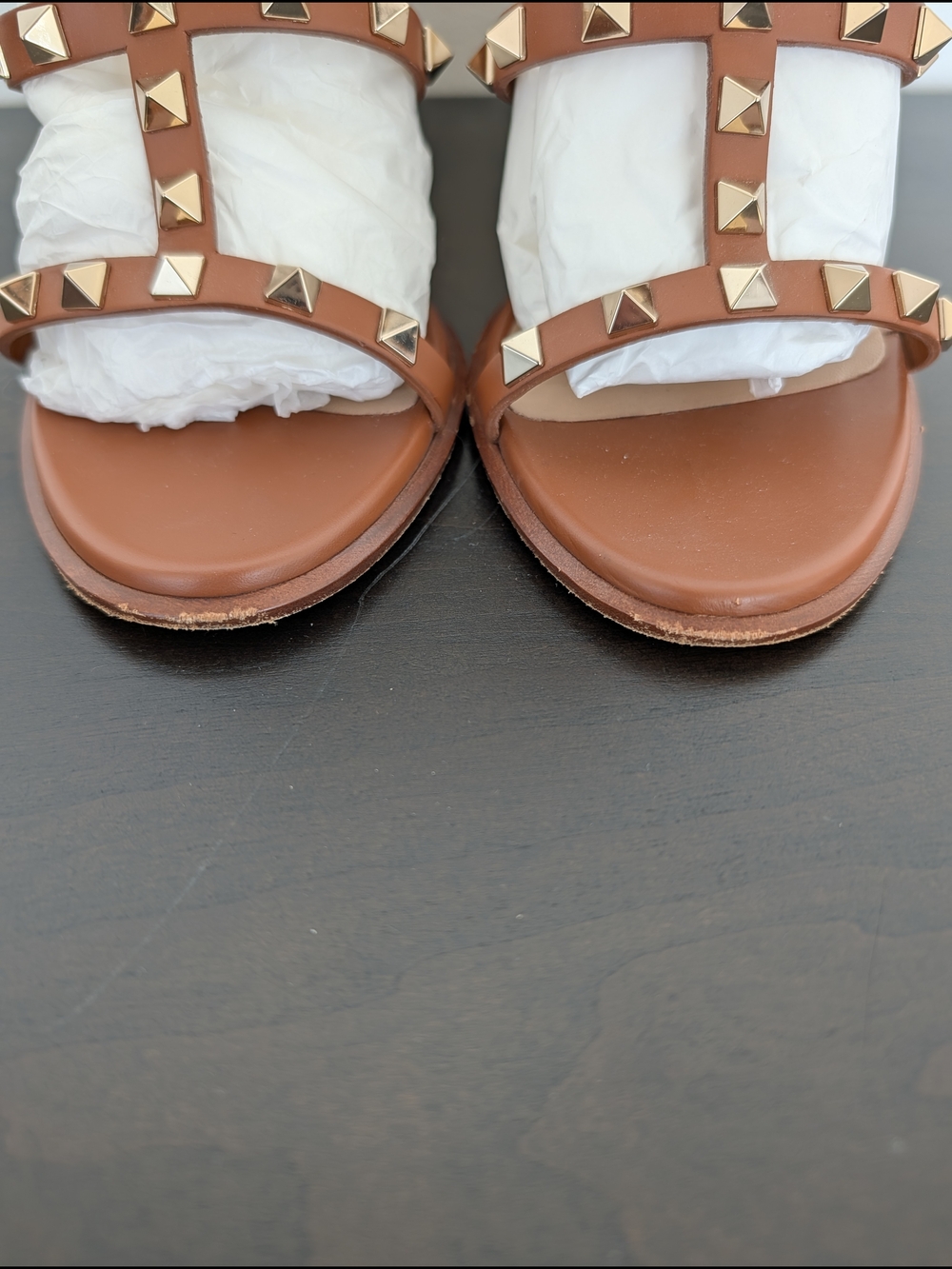 Valentino Garavani 90mm Rockstud Brown Leather Block Heel Sandals - Picture 7 of 9